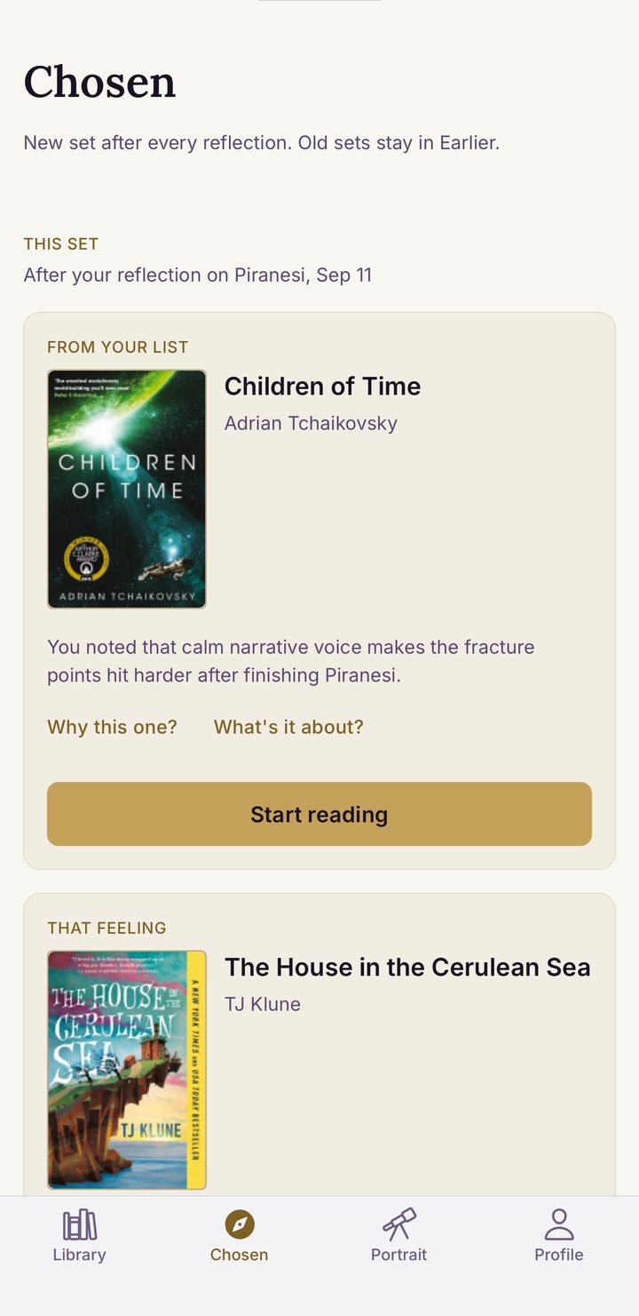 Canto's Chosen screen with three recommended books