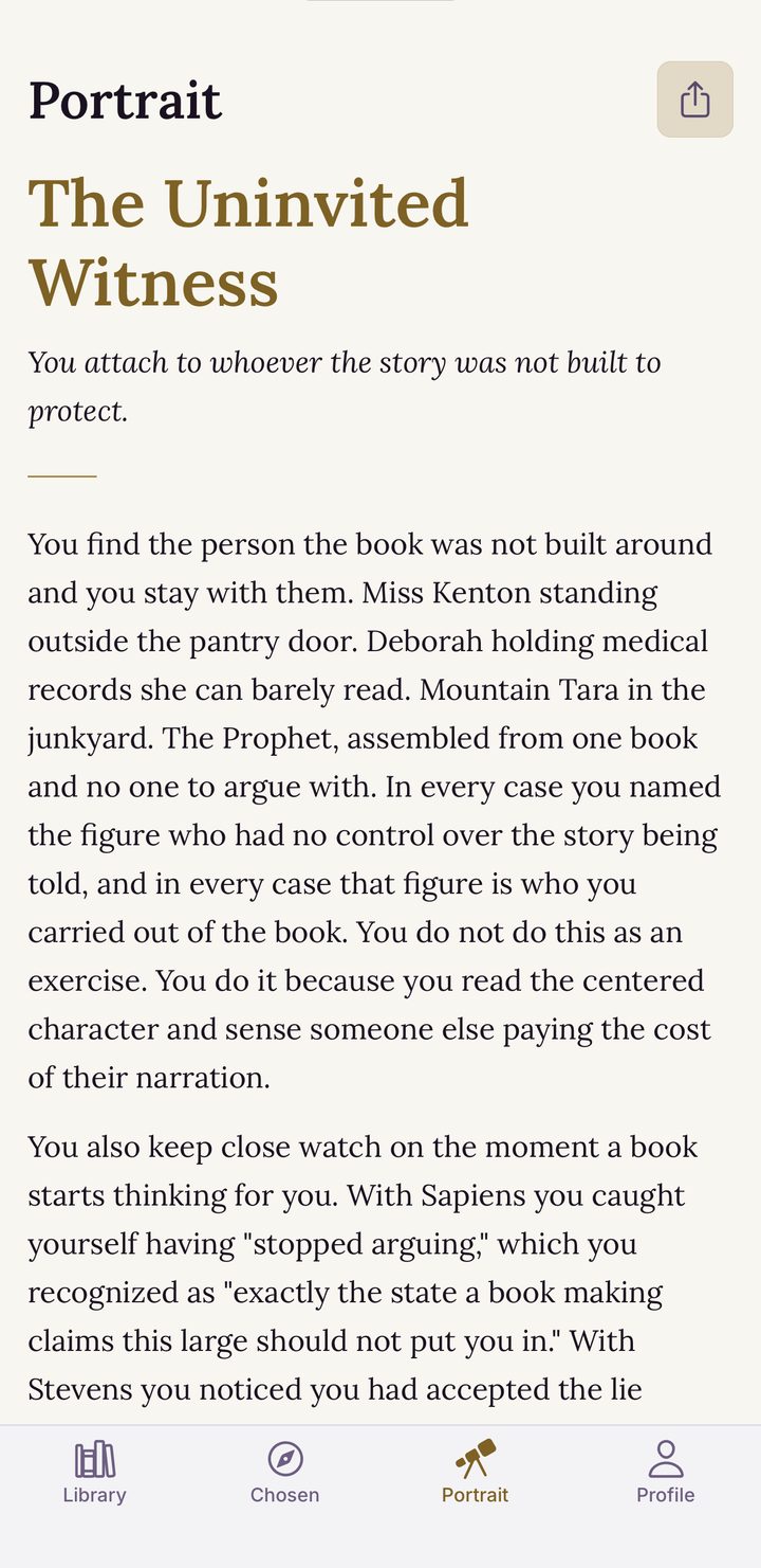 A Reader's DNA portrait in Canto, archetype The Uninvited Witness